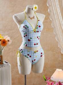 Swim Mod Women's Vacation Beach Plaid & Cherry Print Tankini Set - Multicolor - View 4