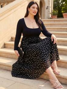 ELLERISSA Plus Size Elegant Polka Dot Print Pleated Midi Dress For Women, Soft Fitted Top Long Sleeves And Pleated Skirt, Dress For Office Wear Or Commuting, Formal Dress, Date Night Dress, Autumn/Winter Women Dress - Multicolor - View 3