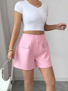 Elenzga Quần short nữ thanh lịch, tinh tế, dáng rộng, cạp chun, màu hồng, thời trang, đa năng, thích hợp cho đi làm, hẹn hò. - Màu Hồng baby - Xem 3