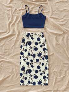 Soleia Bộ 2 món áo hai dây và chân váy in họa tiết mùa hè dành cho nữ, trang phục đi nghỉ hè, lễ hội, trang phục mùa hè cho nữ, trang phục đi biển. - Nhiều màu - Xem 2