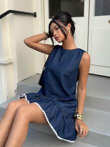 Siren Gaze 女士时尚休闲无袖短款牛仔连衣裙 - 深色水洗藍 - 查看 6