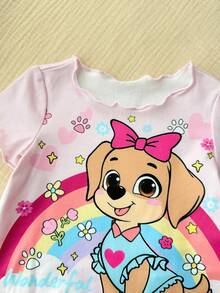 SHEIN Bộ đồ mặc nhà cho bé gái sơ sinh in hình hoạt hình dễ thương, tay ngắn và quần dài, thích hợp cho mùa hè. - Hồng - Xem 6