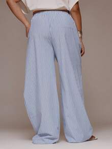 MUSERA Plus Size Tie Waist Wide Leg Striped Wide Leg Pants Trousers Spring Summer Cute Vacation Holiday Everyday Fall - Blue and White - View 4