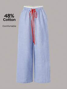 SHEIN EZwear 女士休闲条纹高腰宽松阔腿裤，条纹裤，抽绳裤，阔腿夏季裤，格纹裤，泳衣罩衫裤，女士夏季穿搭，女士春季穿搭，情人节，圣帕特里克节，复活节，女士海滩度假穿搭，外出穿搭，蓝色条纹裤 - 寶藍色 - 查看 5