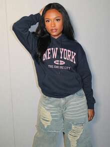 Steph T 女士简约印花连帽长袖运动衫，女士春/秋季休闲抽绳口袋长袖连帽常规版型常规深灰色落肩套头衫女士连帽衫，长袖上衣 - 深灰色 - 查看 1