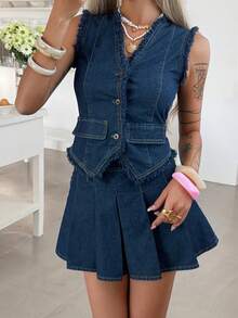 DAZY 女士夏季V领无袖流苏腰开衫搭配短款牛仔裙休闲套装 - 深色水洗藍 - 查看 1