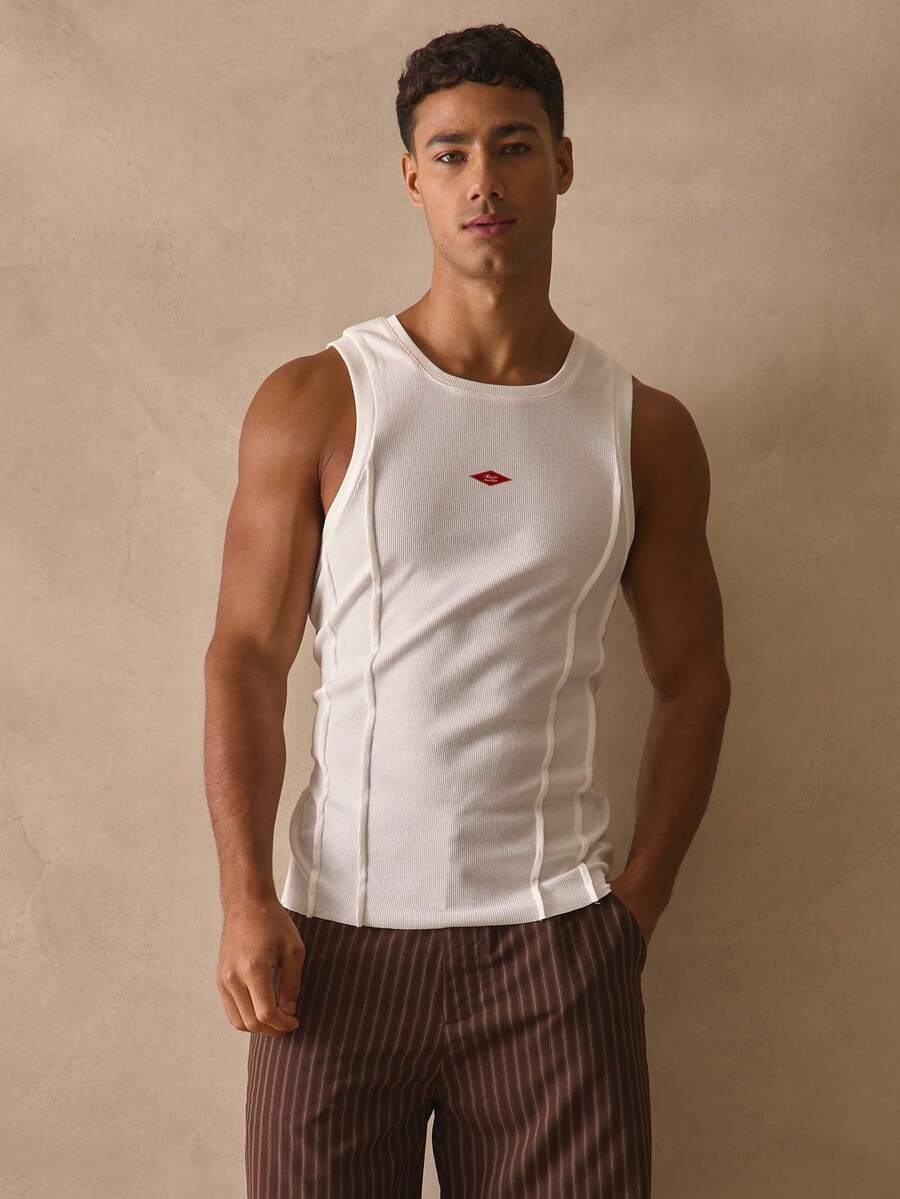 Musero Chaleco sin mangas ajustado con estampado gráfico, costuras resaltadas y rayas, esencial para primavera y verano, ideal para vacaciones en la playa - Blanco - Ver 1