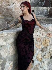 Bearsaez Women's Elegant Floral Flocked Mesh Slit Dress,Black Homecoming Dress,Witch Dress,Vampire Dress,Elegant Women Dresses,Day Of The Dead Outfit,Goth - Red and Black - View 6