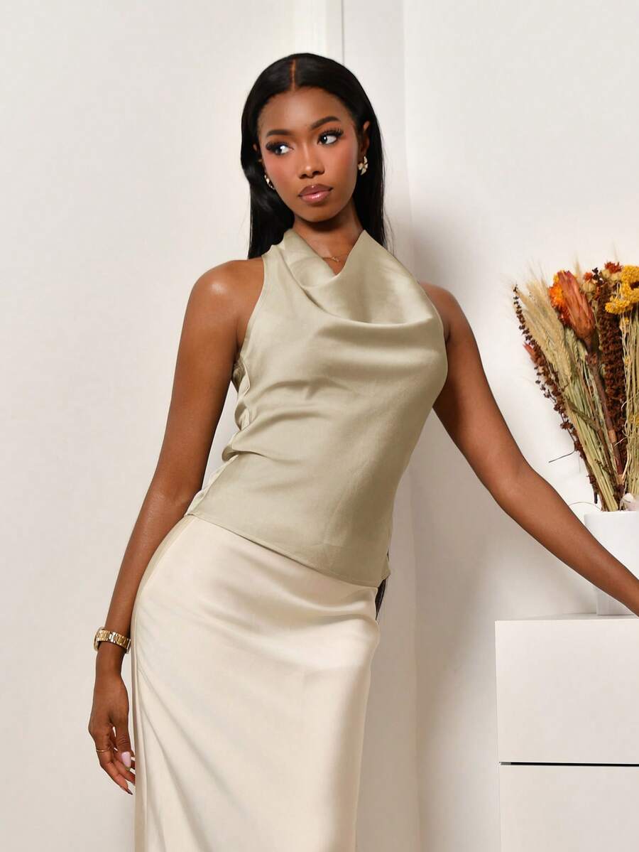 杏色V領綁帶腰簡約優雅女士襯衫 - 杏色 - 查看 1