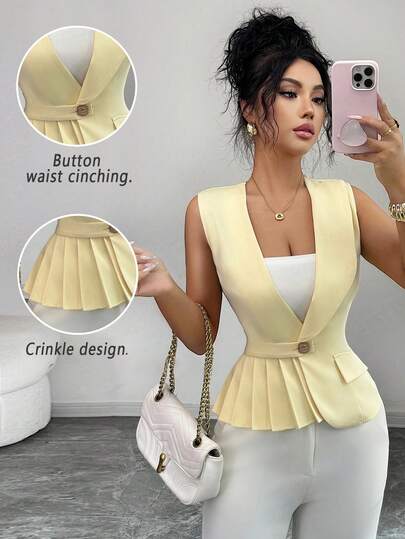 Elenzga 女士春夏新款优雅通勤职场精致简约百搭高端褶裥设计无袖短款西装外套，浅黄色