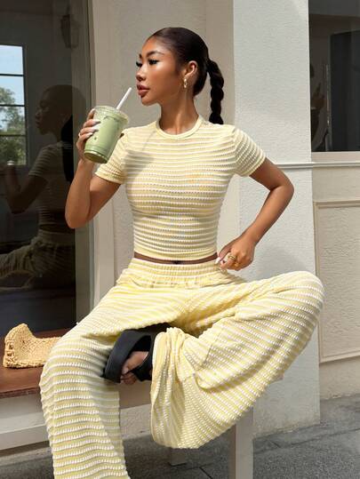 Muchica 2PCS Summer Outfit For Women  Cream-Yellow Short-Sleeved Knit Jacquard Textured Casual Sportswear Set, A Versatile Summer Outfit. Holiday Outfits For Women