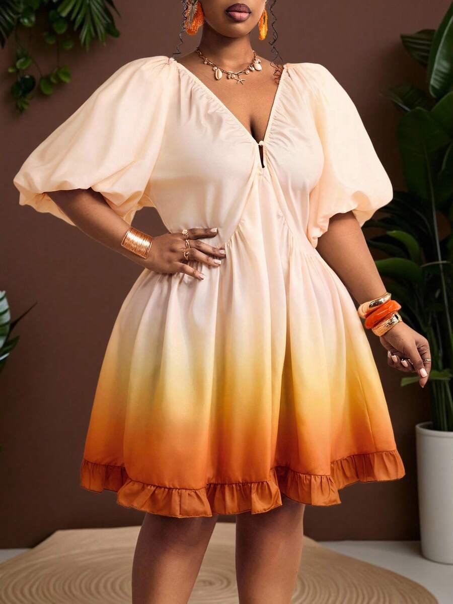 Truni Đầm/váy hè/váy ngắn dáng suông cổ chữ V sâu, tay phồng, màu ombre sang trọng dành cho nữ cỡ lớn, thích hợp cho kỳ nghỉ, tiệc trà chiều, mùa cưới, du thuyền biển, du lịch tự lái trong thành phố, kỳ nghỉ phong cách bohemian, lễ hội âm nhạc, trang phục đi biển, lễ Phục sinh, thanh lịch, trang phục đi nghỉ mát, trang phục đi xem hòa nhạc, trang phục nghỉ mát nhiệt đới, phong cách bohemian, đầm babydoll cỡ lớn mùa xuân/hè/thu, đầm hoàng hôn, đầm xếp nếp kiểu cổ tích, trang phục dự tiệc brunch, trang phục màu hoàng hôn, đầm ombre mùa hè màu tequila sunrise, dành cho dáng người quả lê và tam giác.