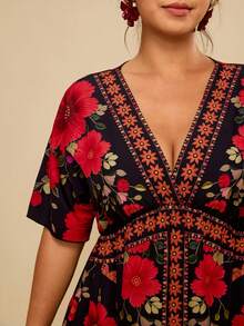 Travachic 大码女式V领碎花优雅收腰约会派对连衣裙 女式大码连衣裙 女式夏季连衣裙 女式连衣裙 - 彩色 - 查看 5