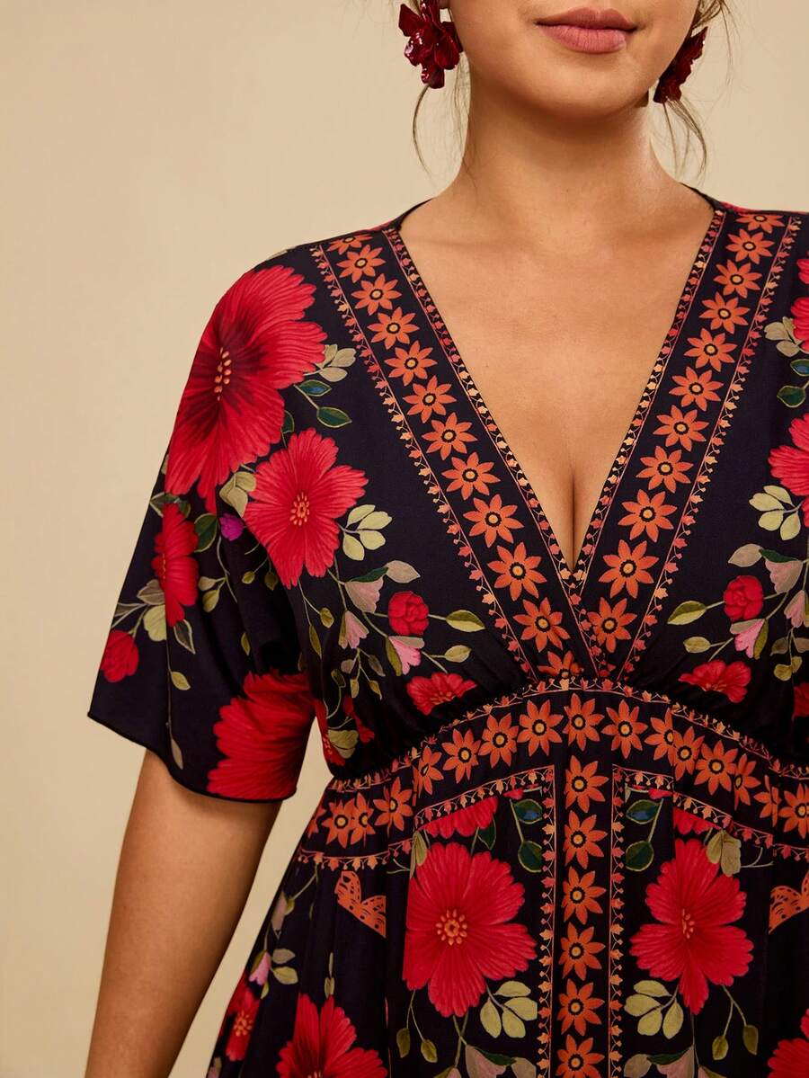 Travachic 大码女式V领碎花优雅收腰约会派对连衣裙 女式大码连衣裙 女式夏季连衣裙 女式连衣裙 - 彩色 - 查看 1