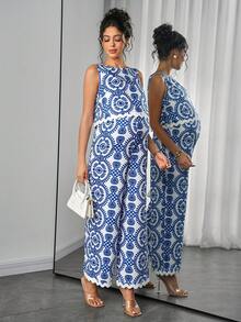 Momance 孕妇无袖植物印花上衣+可调节腰围裤子两件套，夏季 - 藍色 - 查看 7