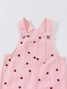 Baby Girls Denim Casual Heart Embroidery Washed Denim Bib Pants, Loose Fit Romper For Baby Girl - Pink - View 6