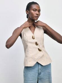 Maija Blazer sin mangas con hebilla de metal a rayas de moda para mujer, verano - Caqui - Ver 7