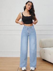 SHEIN PETITE 休闲水洗不对称腰直筒牛仔裤 - 淺色水洗藍 - 查看 3