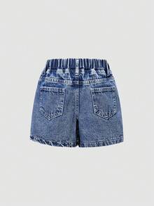 年轻女孩新款休闲时尚可爱荷叶边口袋设计水洗牛仔短裤 - 藍色 - 查看 2