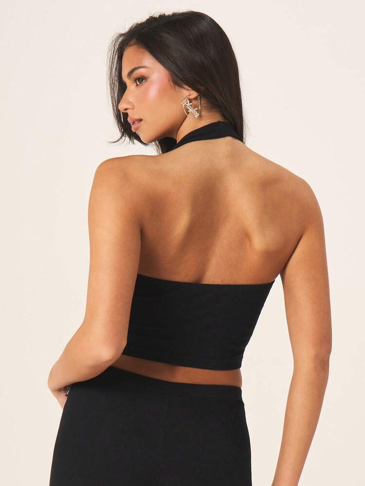 Missguided x Playboy Women's Logo Black Deep V-Neck Halter Crop Cami Tank Top With Pink Bunny Print