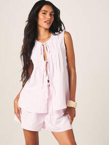 MISSGUIDED 女士条纹高腰迷你短裤，正面系带设计，弹性腰带，夏季休闲宽松居家服 - 彩色 - 查看 2