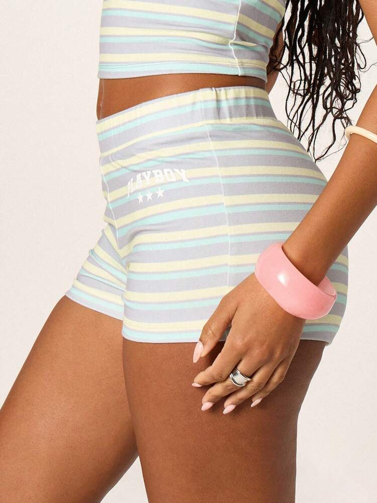 Missguided x Playboy Women's Horizontal Striped High Rise Booty Shorts With Logo Print Summer Casual Mini Length