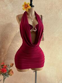 Soleia 女士纯色深V领无袖露背修身迷你连衣裙，夏季 - 紅色 - 查看 5