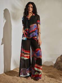 Opulessa Women's Tie-Dye Chiffon Wide Leg Loose Casual Pants Suitable For Beach Vacation, Casual, Holiday ,Going Out, Party, Beach - Purple - View 2