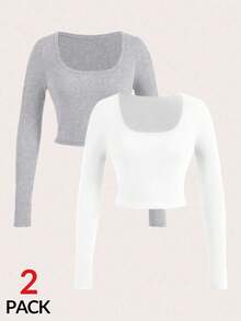 SHEIN SXY 2pcs/Set Sexy Wide Neck Long Sleeve Tight Fit T-Shirt - Multicolor - View 5