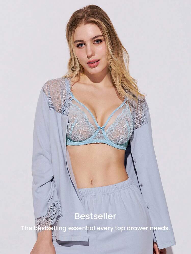 Cotton Lace-Trimmed Button-Up Top & Pants PJ Set