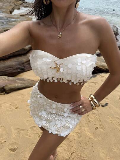 Opulessa Women's Solid Color Beaded Bandeau Top, Suitable For Beach Vacation, Casual, Holiday ,Going Out, Party, Beach