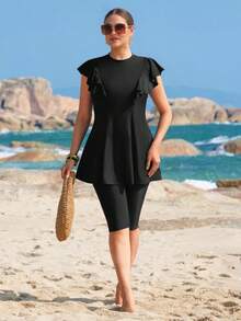 Swim Shayni Bộ đồ bơi hai mảnh quần short màu trơn viền bèo nhún dành cho nữ cỡ lớn, thích hợp cho kỳ nghỉ biển (burkini). - màu đen - Xem 4