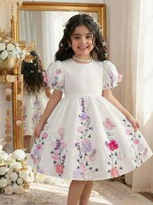 SHEIN 1pc Girls Summer New Wedding Ceremony Young Girl 3D Butterfly Birthday Party Flower Girl Performance Puffy Sleeve Princess Dress - White - View 1