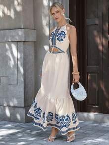Opuloom Vintage Beige Summer Boho Embroidered Maxi Dress,Halter Drawstring Tassel Hollow Out Long Dress For Women Holiday Tea Party Greece Vacation Outfits - Multicolor - View 8