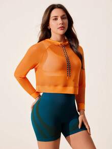 SHEIN Sports Core Rhythm 女士网眼拼接运动衫 - 长袖连帽运动上衣，带抽绳，适合训练、健身和瑜伽 - 橘色 - 查看 4