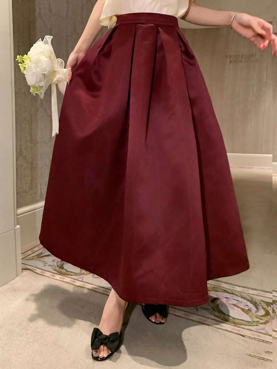 DAZY 女士纯色百褶休闲百搭约会外出半身裙 - 酒紅色 - 查看 1