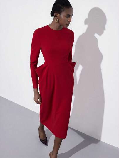 Aveloria Modichic Lili European And American Style Autumn/Winter New Fashionable Versatile Cross Design Solid Color Long Sleeve Dress Red Curve Dress Long Sleeve Red Dress Red Midi Dress Formal Red Dress Peplum Red Dress