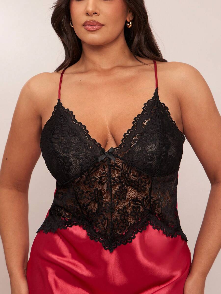 SHEIN BAE 1pc Women's Sexy Lace Slip Dress, Elegant Satin Plus Size Nightgown, Suitable For Outerwear All Season Lingerie Skirt Set Red And Black Lingerie Long Lingerie Dress Curve Night Gown - Burgundy - View 1