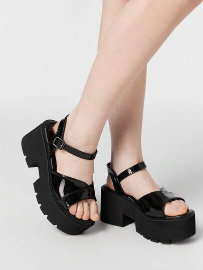 ROMWE Women's Punk Style Y2K Glossy Casual Street Platform Wedge Sandals, Gothic Vintage Dark Cross-Strap Design With Elastic Buckle, Roman Gladiator Chunky Heel Open-Toe Shoes.