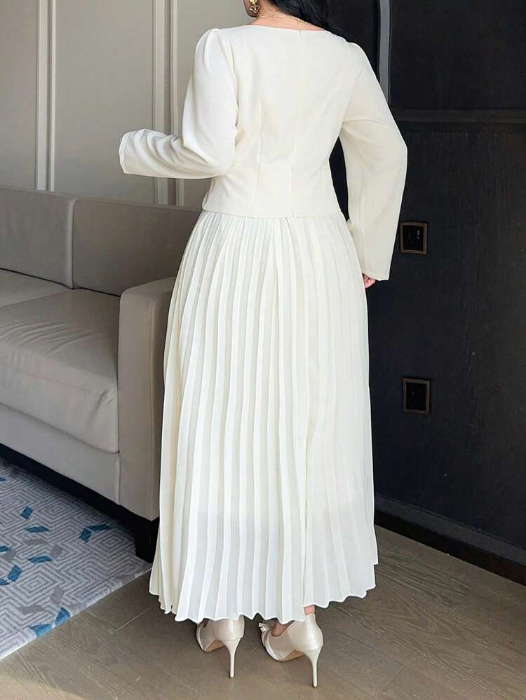 Dazy Plus Elegant Rhinestone Square Collar Pleated Midi Dress With Puff Sleeves, Suitable For Spring, Summer, Autumn, Party & Date, Plus Size Sun Dresses For Women