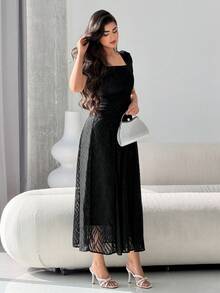 Modelyn Đầm nữ màu trơn cổ vuông tay ngắn dáng suông thanh lịch, dài đến đầu gối, thích hợp cho mùa hè. - màu đen - Xem 5