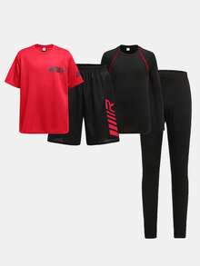 SHEIN Conjunto deportivo informal de 4 piezas para niño preadolescente con camiseta de manga corta con cuello redondo y estampado gráfico, y pantalones cortos. Conjunto de chándal de punto con top de manga larga y pantalones - Rojo - Ver 2
