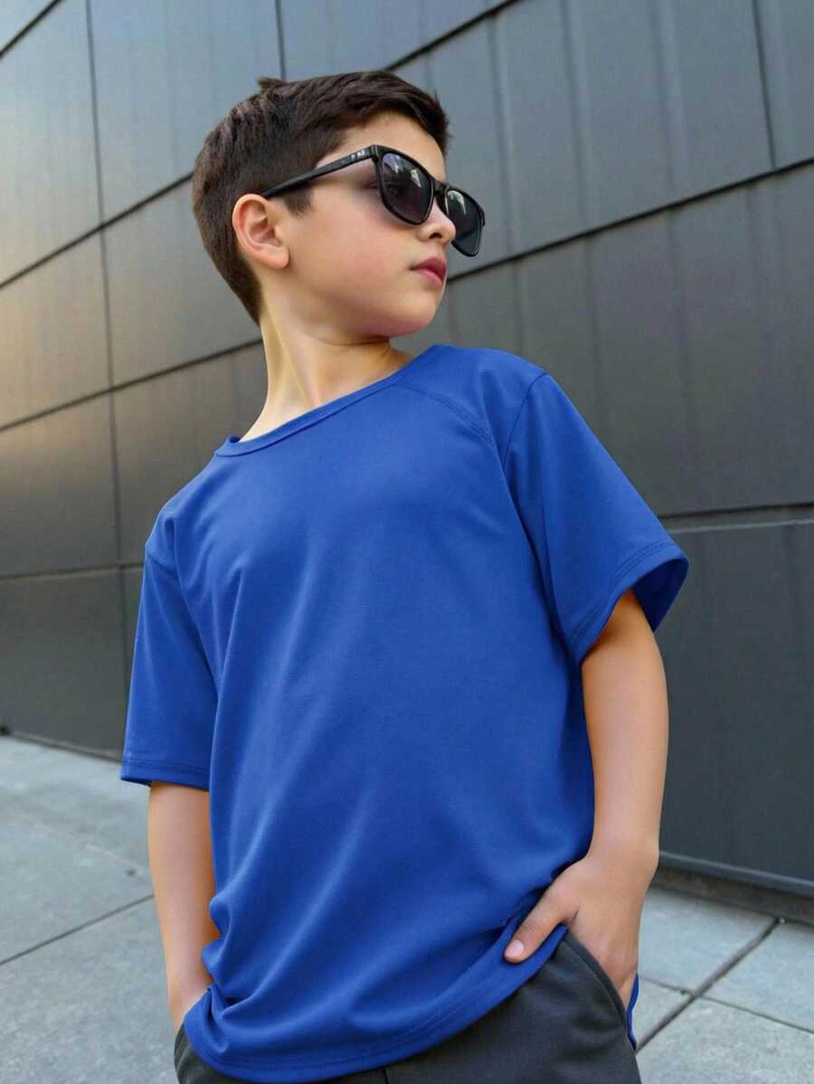 SHEIN Tween Boy Loose Minimalist Round Neck Solid Color Raglan Sleeve Short Sleeve T-Shirt,Kids - Royal Blue - View 1
