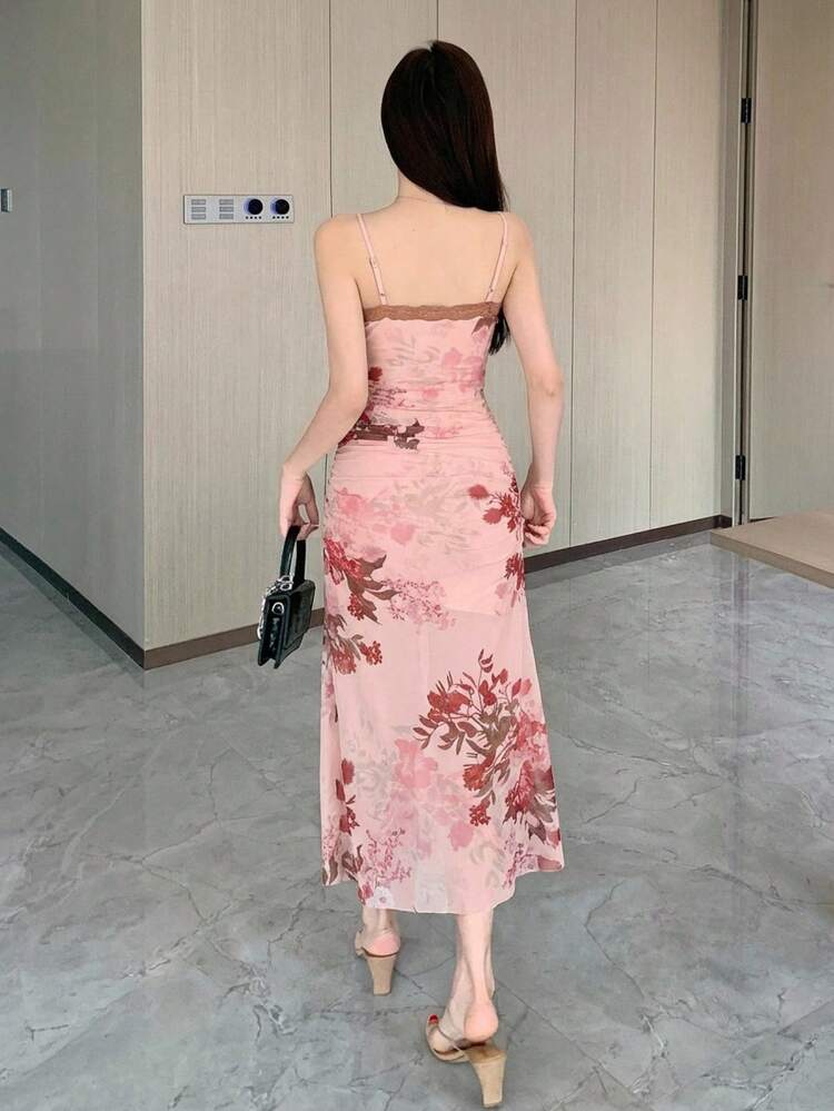 Spring & Summer Pink Floral Print Fitted Sexy Slip Dress, Casual Beach Vacation Music Festival Valentine's Day Wedding Dress For Women Maxi Dress Sundress