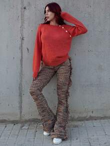 Bearsaez 女式斜襟纽扣毛衣 - 亮橙色 - 查看 4