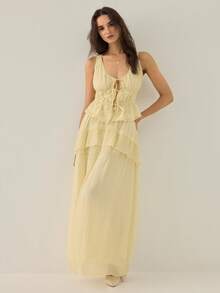 Gaivellea Women's Spring/Summer French Elegant Romantic Outfit, Pale Yellow Tie-Front Shirt And Loose Ruffled Maxi Skirt 2-Piece Set, Suitable For Outings And Dates - Light Yellow - View 6