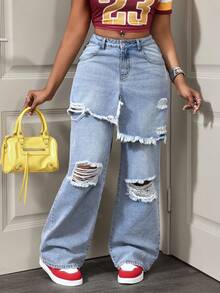 Slaydiva Quần jeans nữ dáng suông, phong cách thường ngày, bạc màu và rách. - Rửa nhẹ - Xem 7
