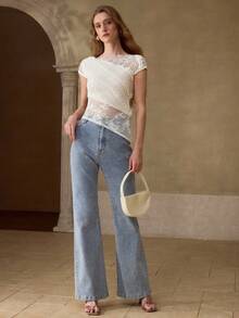 MOTF PREMIUM WOMEN'S LACE PATCHWORK ASYMMETRIC DESIGN LACE T-SHIRT, SPRING/SUMMER - Beige - View 5