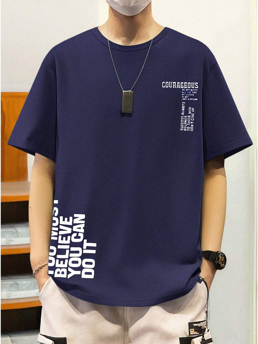 SHEIN 青少年男孩休閒舒適時尚簡約實用軟針織短袖T恤,適合外出,青少年男孩 - 藏蓝色 - 查看 1