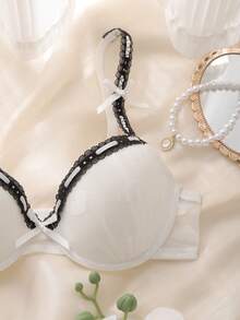 DelicateAllure 女士撞色蕾丝边蝴蝶结装饰文胸 - 彩色 - 查看 3